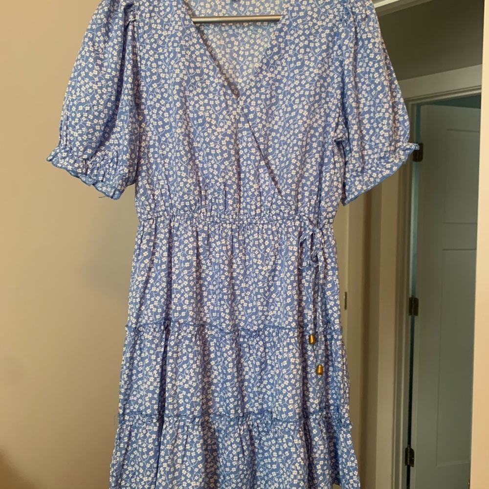 Blush Blue and White Wrap Midi Dress with Puff Sleeves